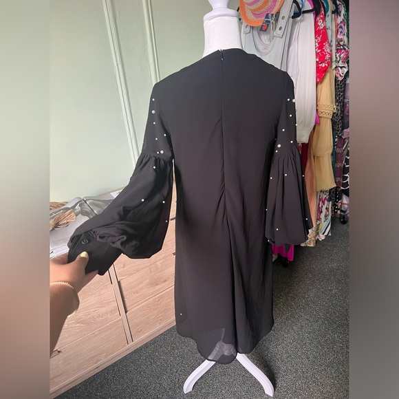 BYRD Modest Black & Ombre Embroidered White Pearl Chiffon Midi Knee-Length Dress - Picture 11 of 16